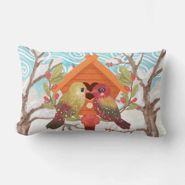 Love Birds in Winter Lumbar Pillow (Front)