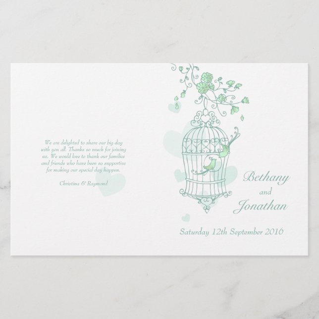 Love birds mint green Wedding Programme (Front)