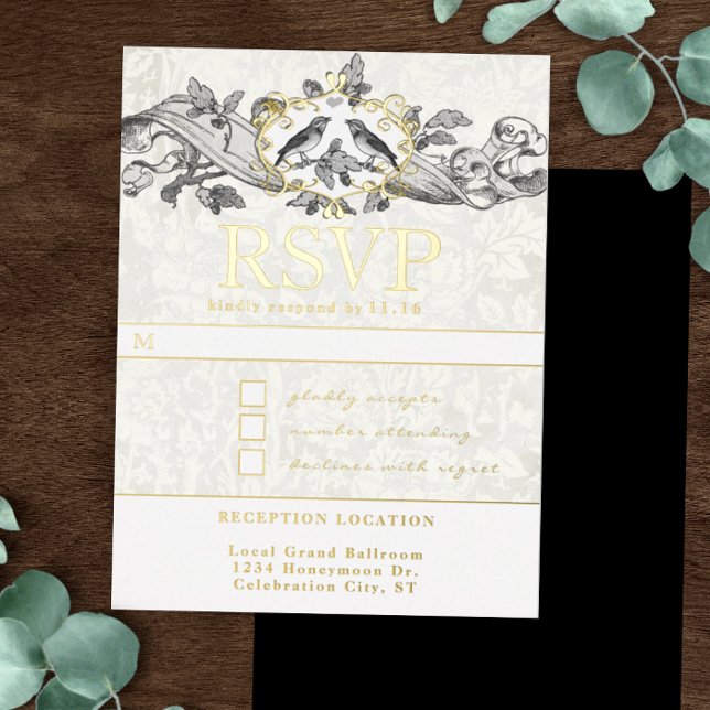 Love Birds Oak Leaf Scroll Wedding  RSVP     Foil Invitation Postcard (Creator Uploaded)