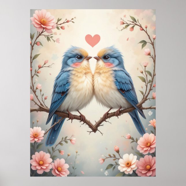 Love Birds on a Branch Nature Art Poster (Front)