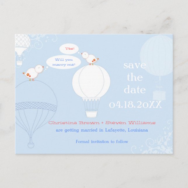 Love Birds on Air Balloons Save the Date Announcement Postcard (Front)