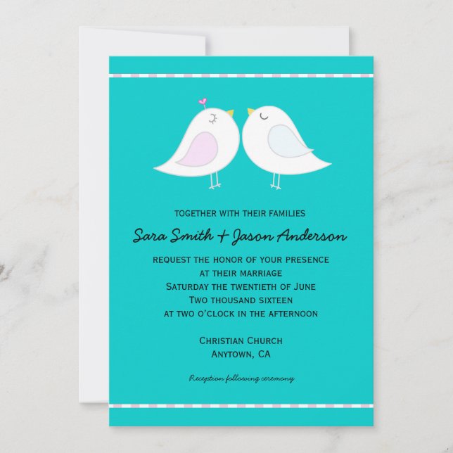 Love Birds on Aqua Background Wedding Invitation (Front)