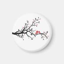Love Birds on Branch – Romantic Red Heart Tree Art