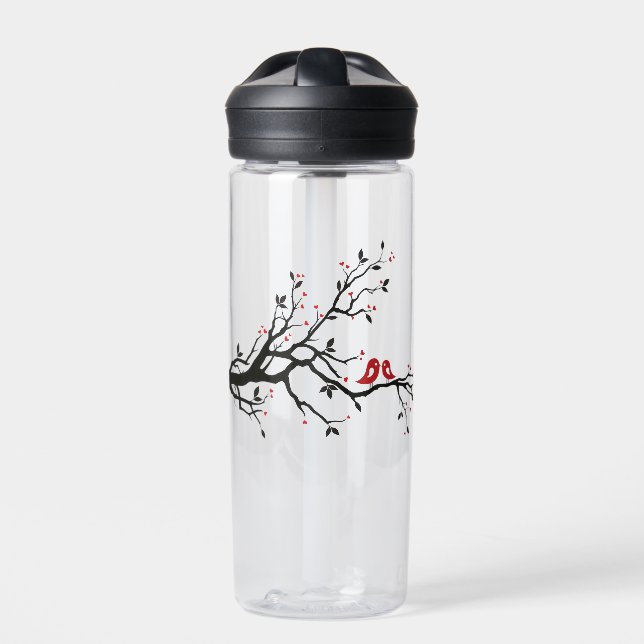 Love Birds on Branch – Romantic Red Heart Tree Art Water Bottle (Front)