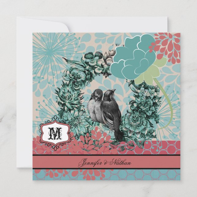 Love Birds on Floral Wreath Wedding Invitation (Front)