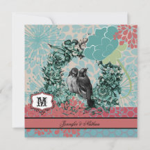 Love Birds on Floral Wreath Wedding Invitation