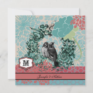 Love Birds on Floral Wreath Wedding Invitation