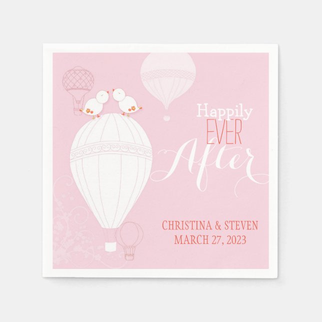 Love Birds on Hot Air Balloons Pink Wedding Napkin (Front)