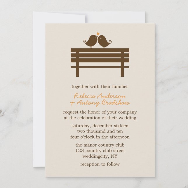 Love Birds on Park Bench Autumn Wedding Invitation (Front)