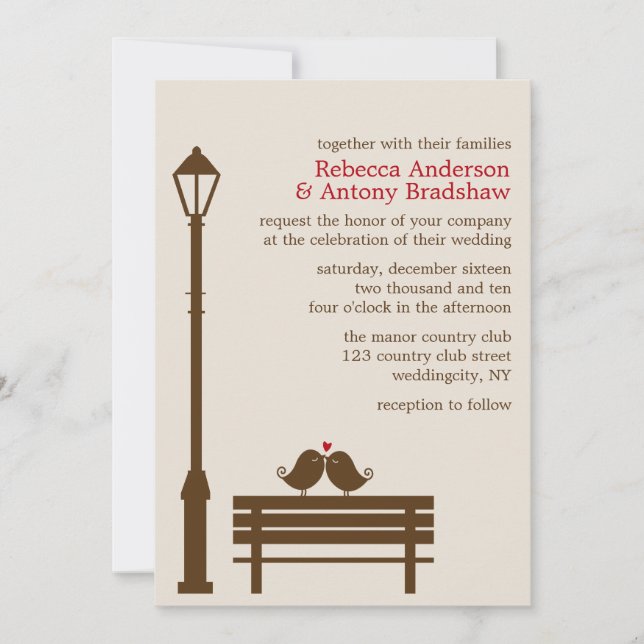 Love Birds on Park Bench Wedding Invitation (Front)