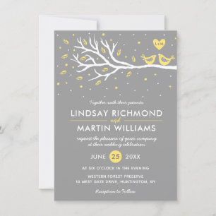 Love Birds on Tree Wedding Invitation  Yellow Grey