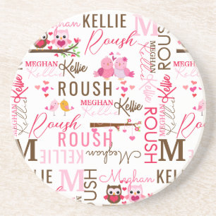 Love Birds Owls with Name and Monogram Collage Coaster