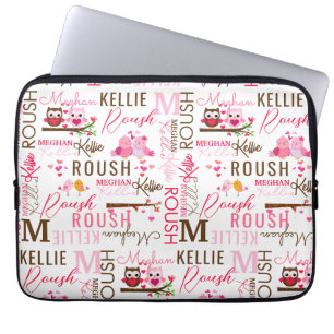 Love Birds Owls with Name and Monogram Collage Laptop Sleeve