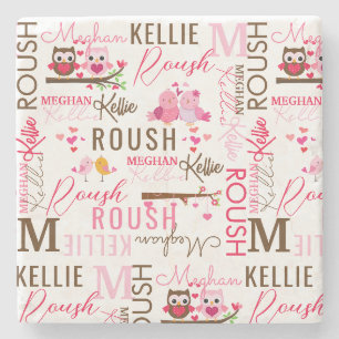 Love Birds Owls with Name and Monogram Collage Stone Coaster
