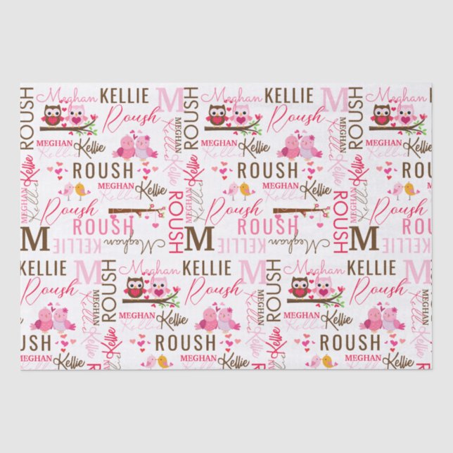 Love Birds Owls with Name and Monogram Collage Tissue Paper (Front)