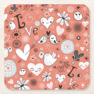 Love Birds Pattern Square Paper Coaster