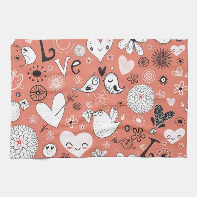 Love Birds Pattern Tea Towel (Horizontal)