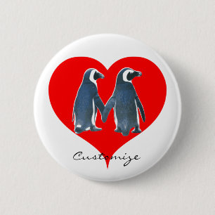 Love Birds Penguin Couple Red Heart Thunder_Cove 6 Cm Round Badge