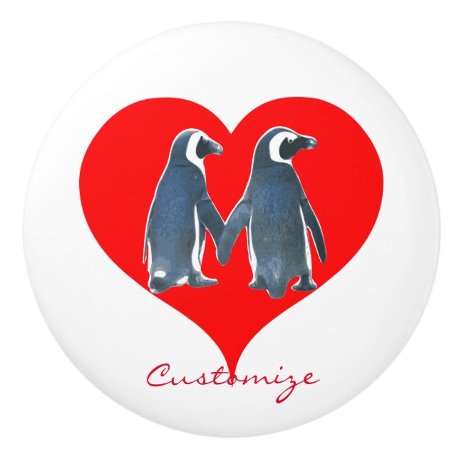 Love Birds Penguin Couple Red Heart Thunder_Cove Ceramic Knob (Front)