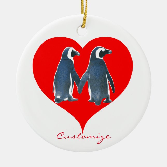 Love Birds Penguin Couple Red Heart Thunder_Cove Ceramic Ornament (Front)