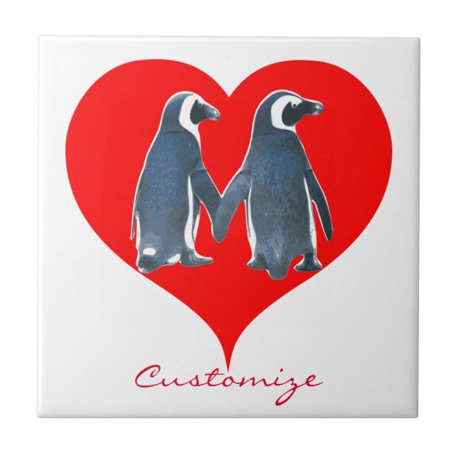 Love Birds Penguin Couple Red Heart Thunder_Cove Ceramic Tile (Front)