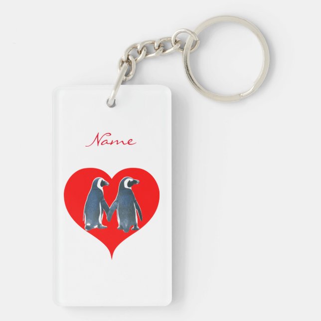 Love Birds Penguin Couple Red Hearts Thunder_Cove Key Ring (Back)