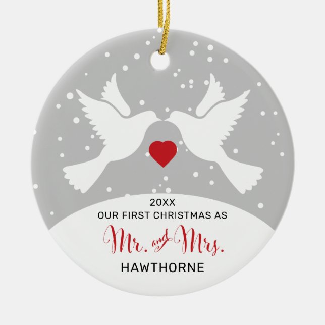 Love Birds Personalised Mr and Mrs 1st Christmas Ceramic Ornament (Front)