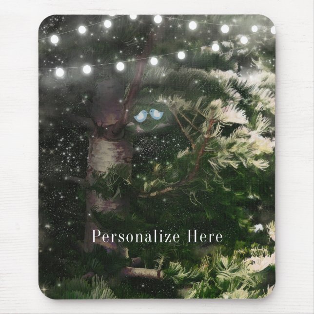 Love Birds + Pine Tree Night Rustic Personalised Mouse Pad (Front)