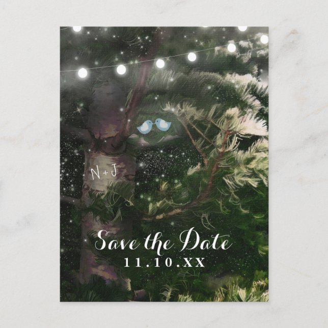Love Birds + Pine Tree Night Save the Date Announcement Postcard (Front)