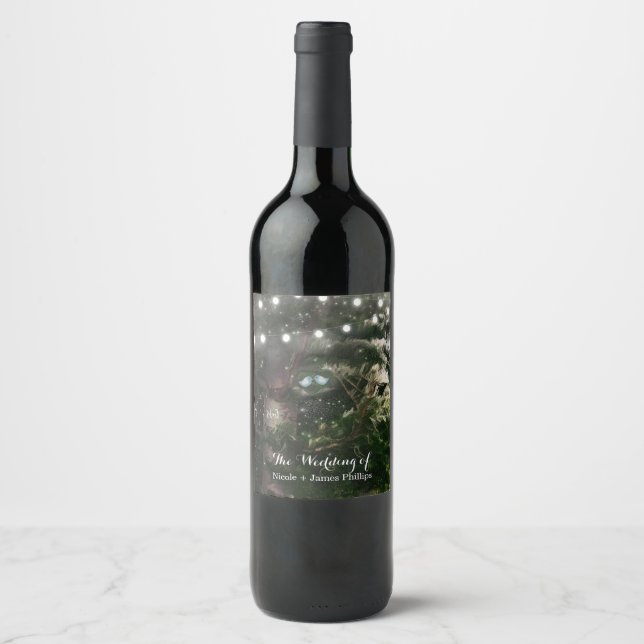 Love Birds + Pine Tree Night Wedding Custom Wine Label (Front)