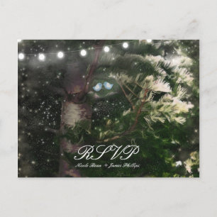 Love Birds + Pine Tree Night Wedding RSVP Invitation Postcard