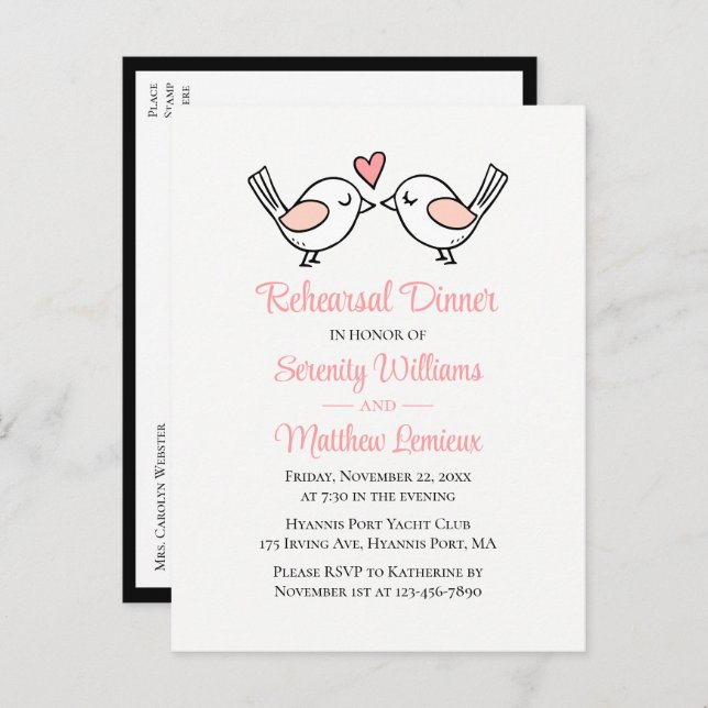 Love Birds Pink Black Lovebirds Rehearsal Dinner  Invitation Postcard (Front/Back)