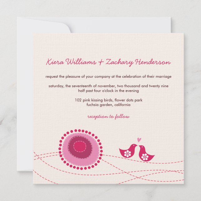 Love Birds Pink Dots Cute Flowers Wedding Invite (Front)