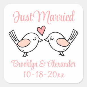 Love Birds Pink Just Married Lovebirds Wedding   Square Sticker