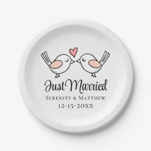 Love Birds Pink Lovebirds Just Married Wedding Paper Plate