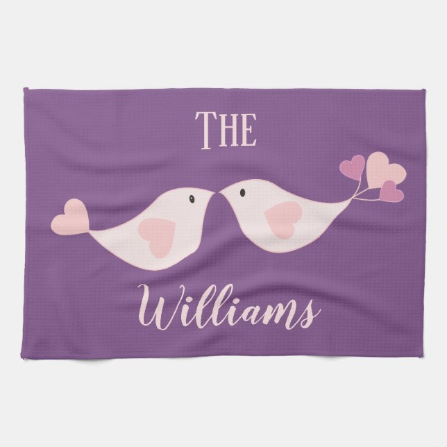 Love Birds purple and pink Tea Towel (Horizontal)