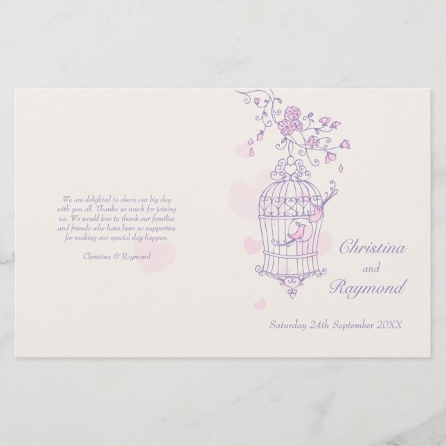 Love birds purple pink Wedding Programme (Front)