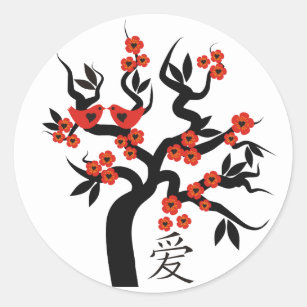 Love Birds Sakura cherry tree Chinese love symbol Classic Round Sticker