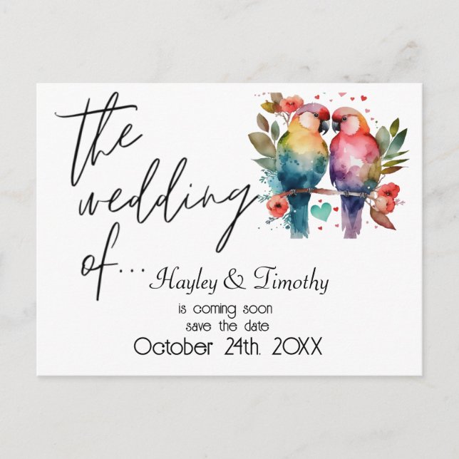 Love Birds: Save the Wedding Date. Editable Postcard (Front)