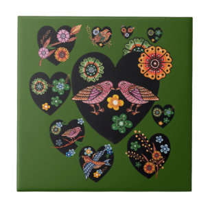 Love Birds Scandinavian Folk Art Ceramic Tile