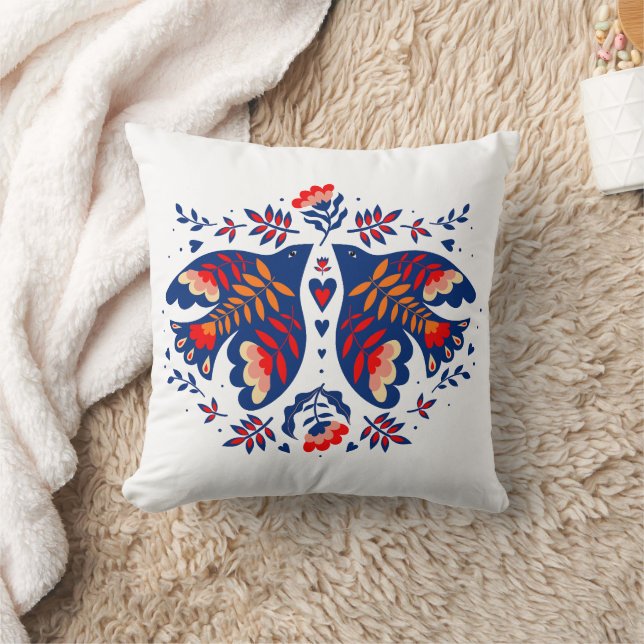 Love Birds Scandinavian Folk Art Cushion (Blanket)