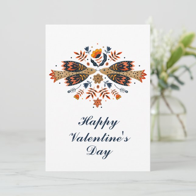 Love Birds Scandinavian Folk Art Valentine's Day Holiday Card (Standing Front)