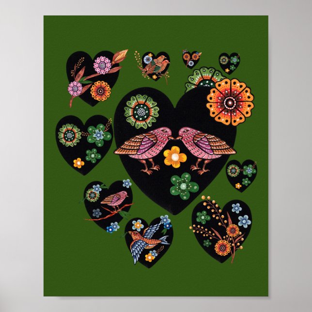 Love Birds Scandinavian Folk Art Valentine's Day Poster (Front)