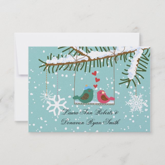 Love Birds Snowflakes Snow Christmas Post Wedding RSVP Card (Front)