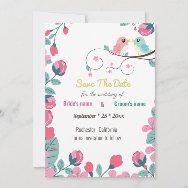 love birds spring flowers save the date (Front)