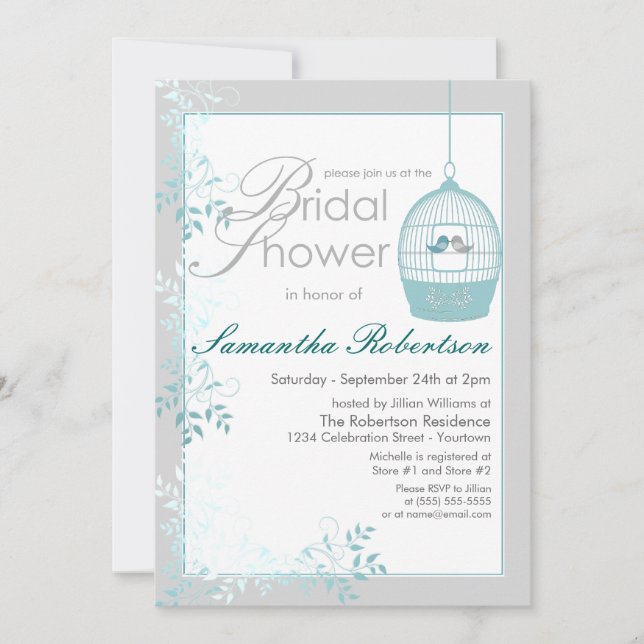 Love Birds Teal Bridal Shower Invitations (Front)