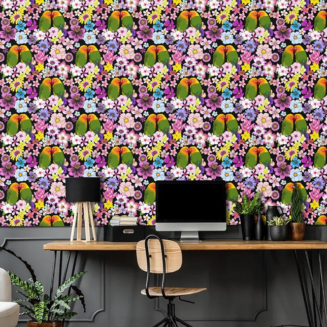 Love Birds Tropical Flowers Wallpaper (Creator Uploaded)