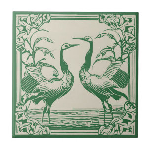 Love Birds two Cranes Green Art Deco Art Nouveau Ceramic Tile