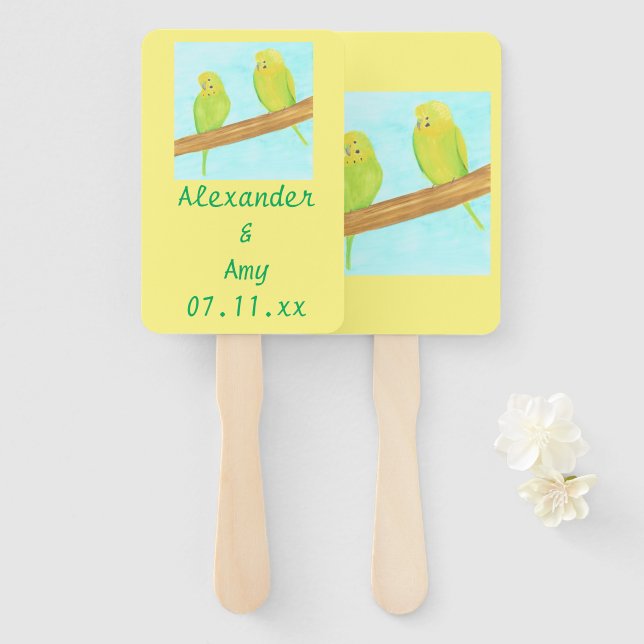 Love Birds Two Parakeets Wedding Hand Fans (Front and Back)