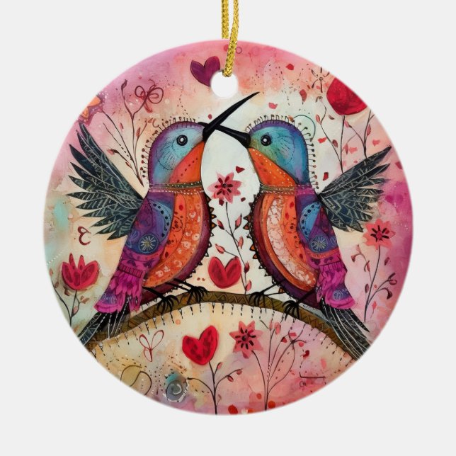 Love Birds Valentine Hearts And Flowers Ceramic Ornament (Front)